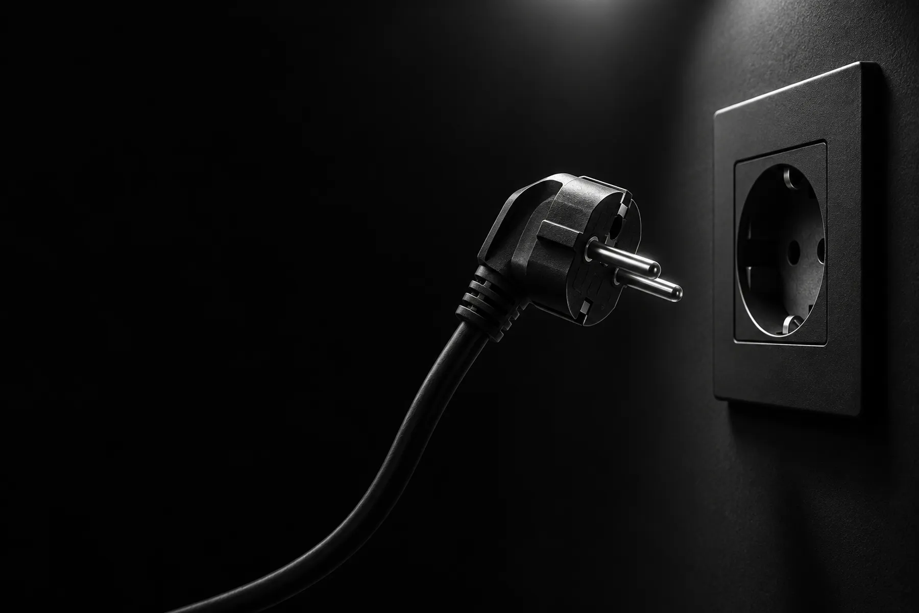 An unplugged power cable hanging beside a wall socket